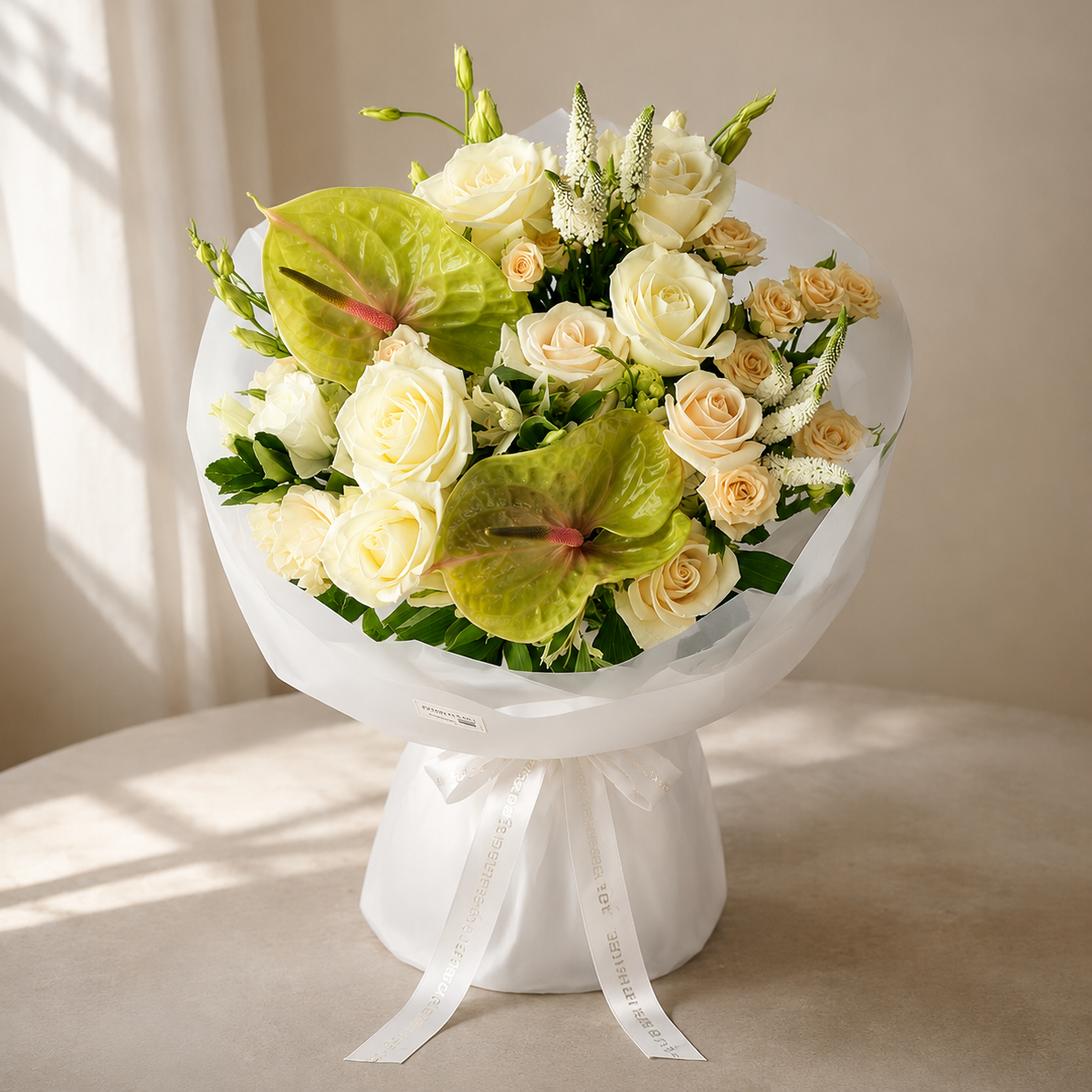 Luxury White &amp; Cream Rose Bouquet with Green Anthurium – Elegant Fresh Flower Arrangement