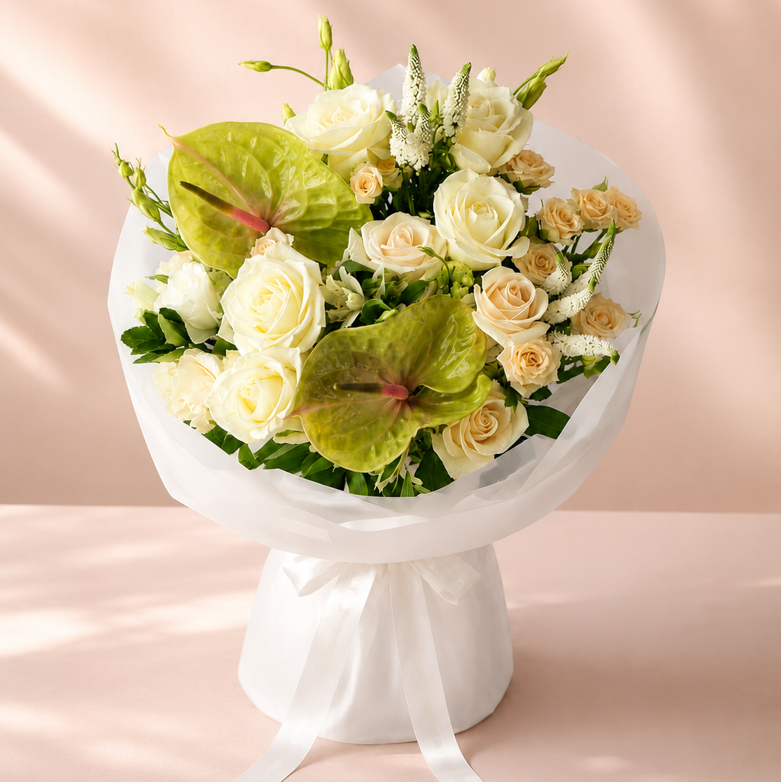 Luxury White &amp; Cream Rose Bouquet with Green Anthurium – Elegant Fresh Flower Arrangement