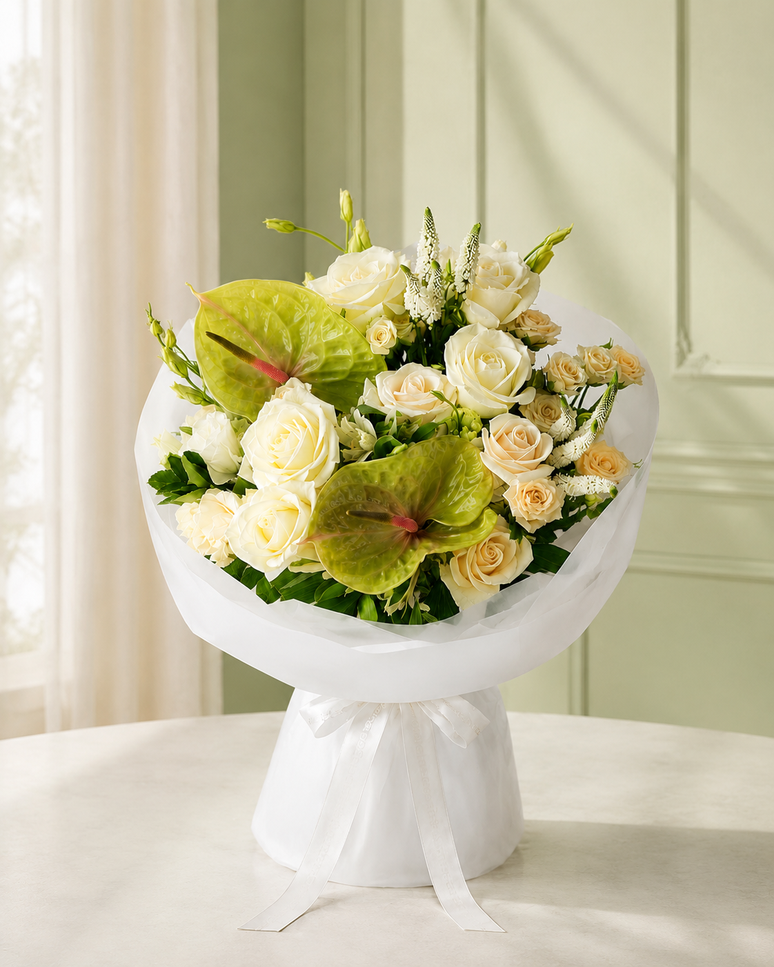 Luxury White &amp; Cream Rose Bouquet with Green Anthurium – Elegant Fresh Flower Arrangement