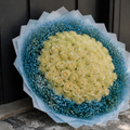 Luxury White Rose Bouquet with Blue Baby’s Breath – 50 or 100 Roses
